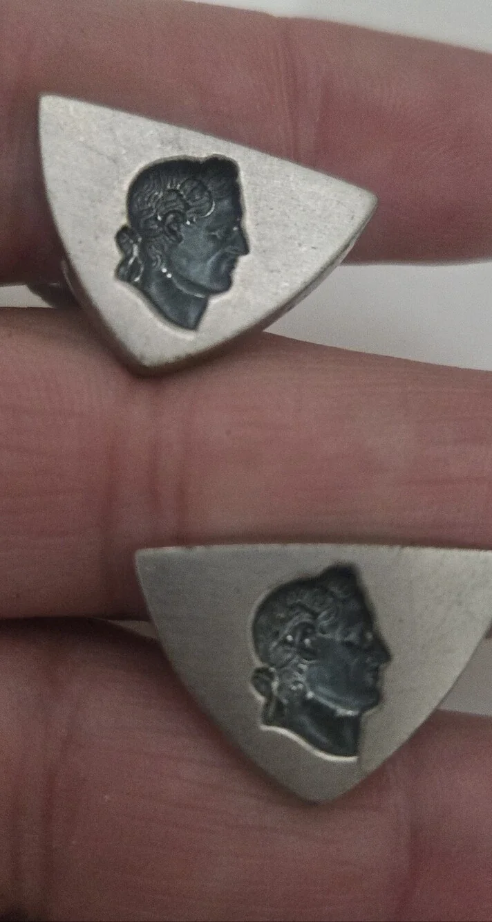 Anson Designer Signed Carved Duke Face Overlay Sliver Plated Cufflinks